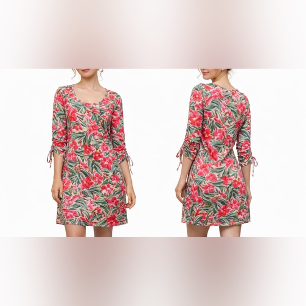 Caribbean Joe Feminine Pink Tropical Shift Tunic Mini Dress Resort Vacation L